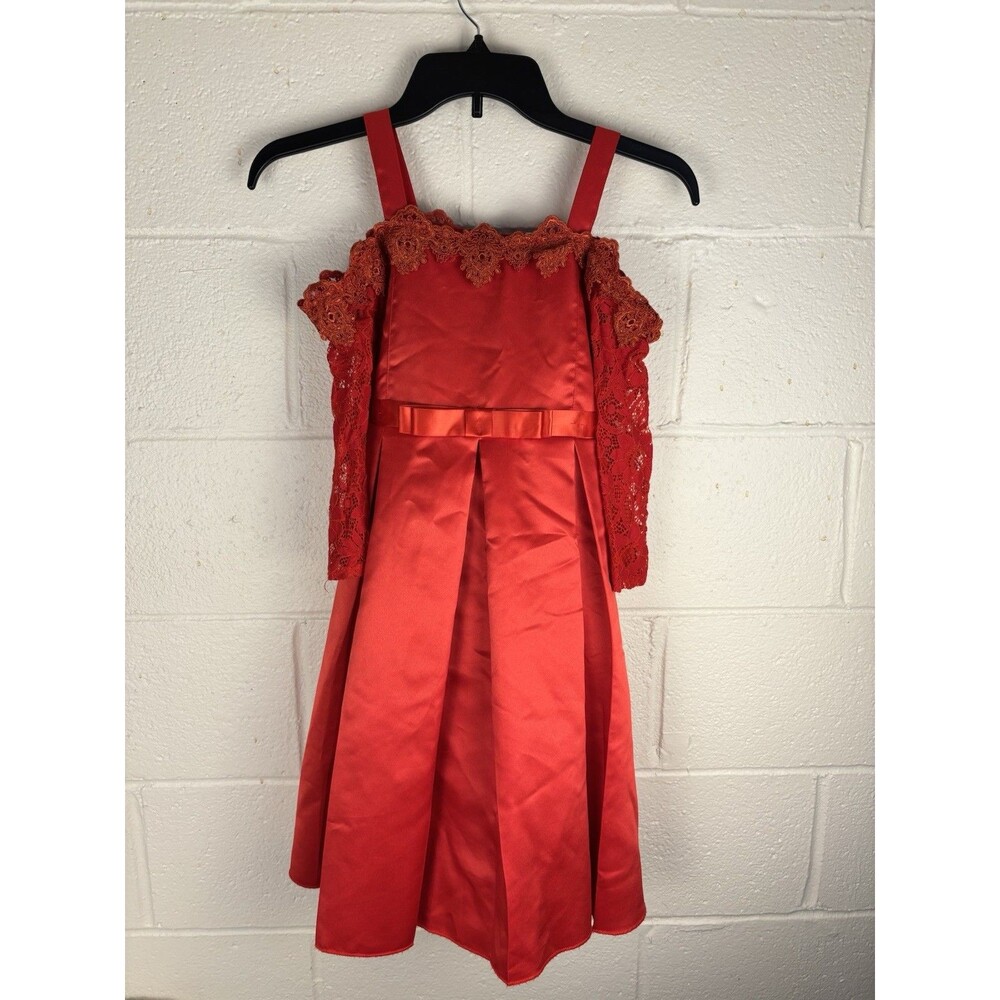 Girls Red Party Dress Size 10Y Lace Sleeve A-Line Holiday Dress